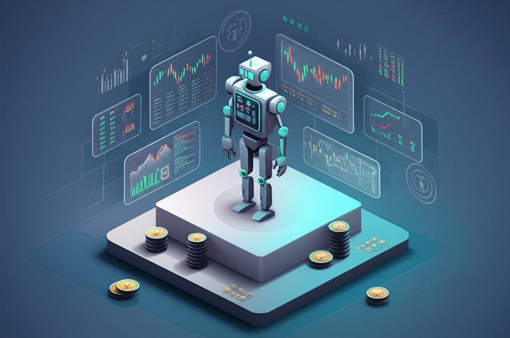 AI-powered robots automating forex currency trading on digital screens.